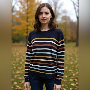 LOFT Ann Taylor stripe cotton sweater LARGE black blue tan crewneck long sleeve